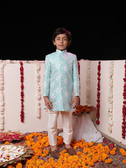 Boys' Blue And Cream Sherwani Set