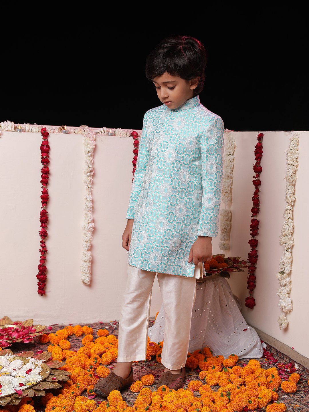 Boys' Blue And Cream Sherwani Set