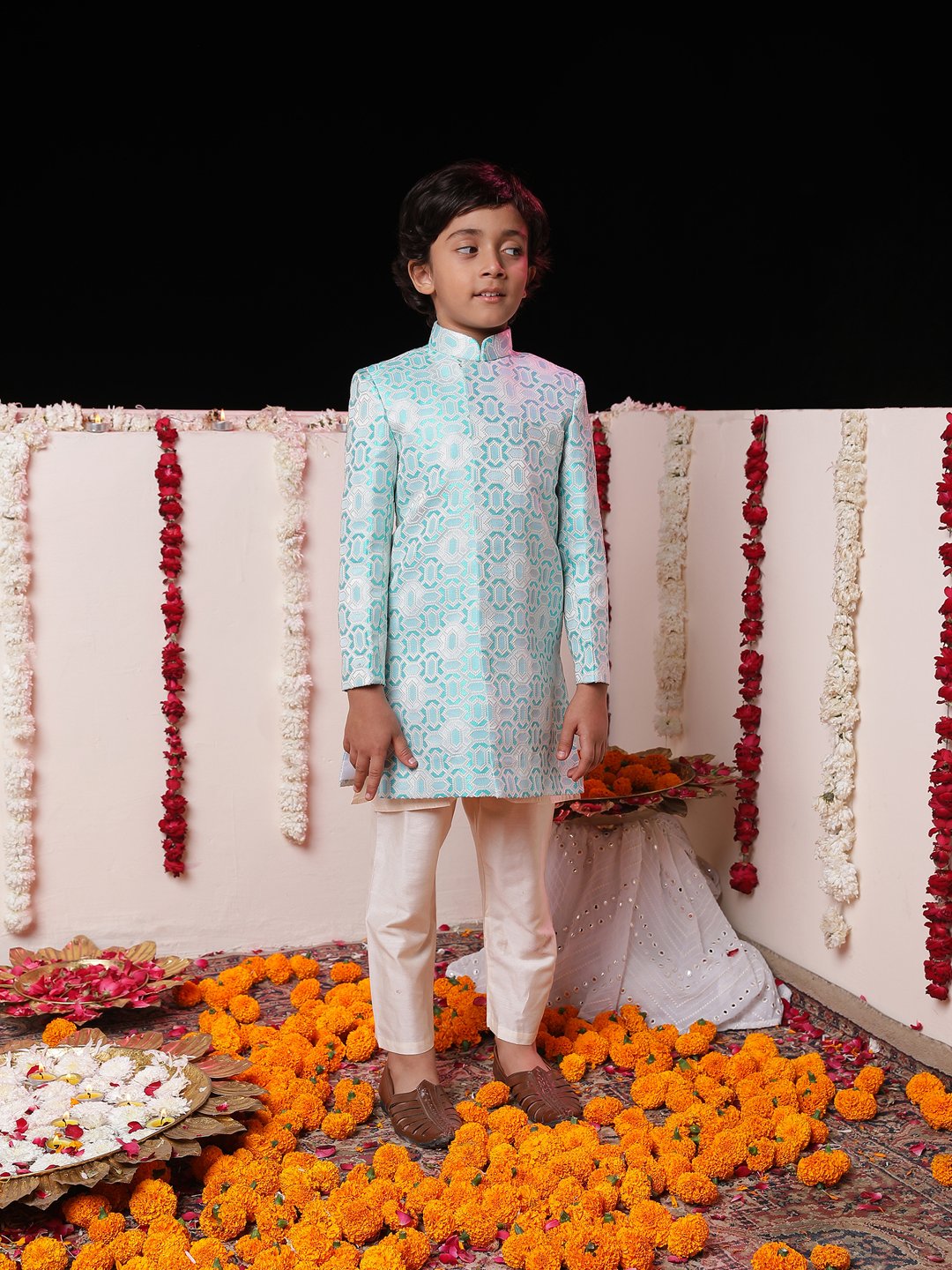 Boys' Blue And Cream Sherwani Set