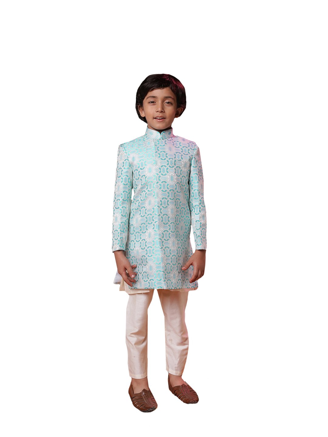 Boys' Blue And Cream Sherwani Set