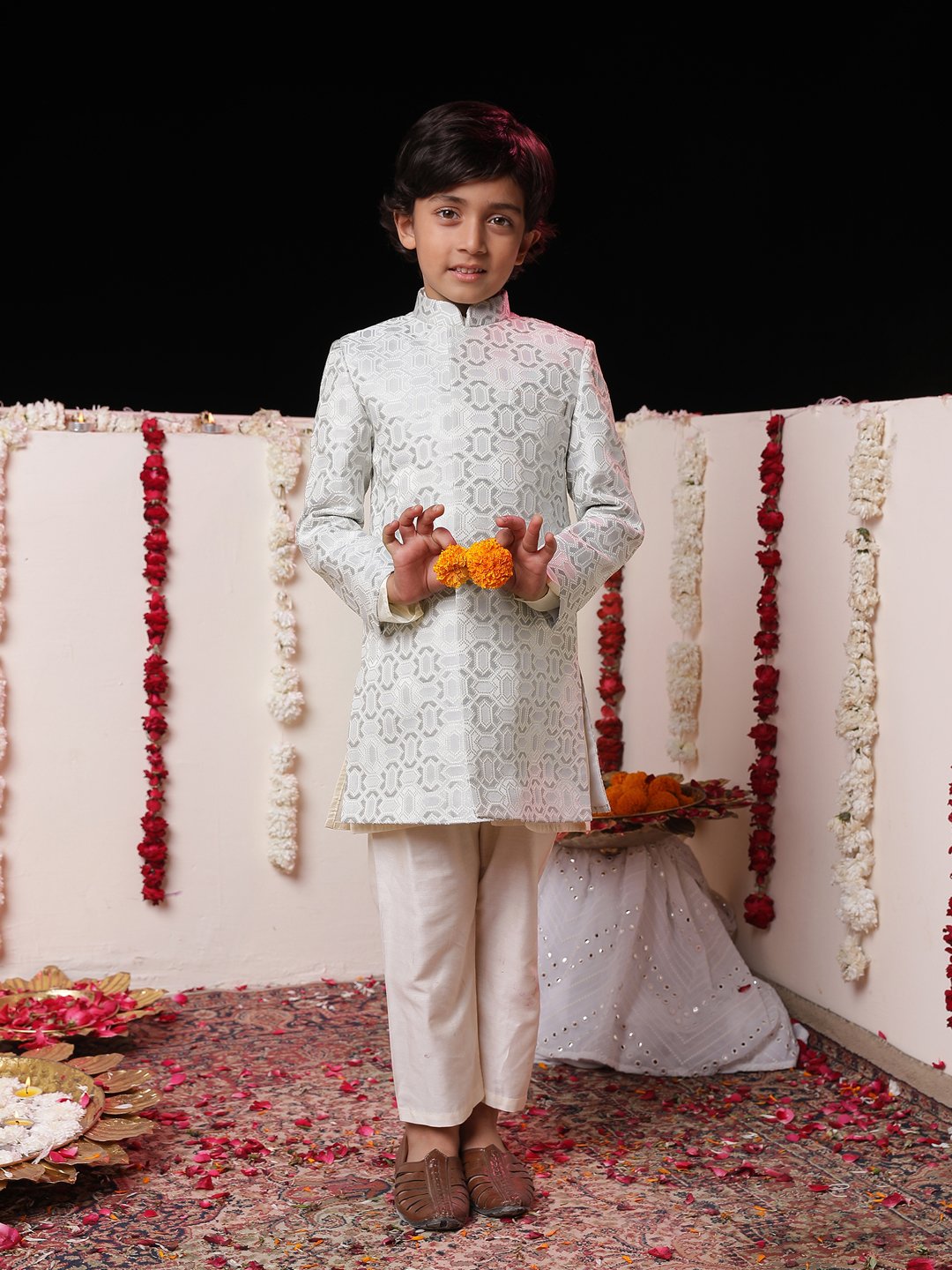 Boys' Grey And Cream Sherwani Set