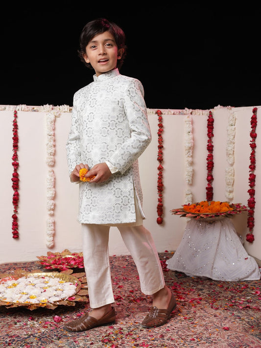 Boys' Grey And Cream Sherwani Set