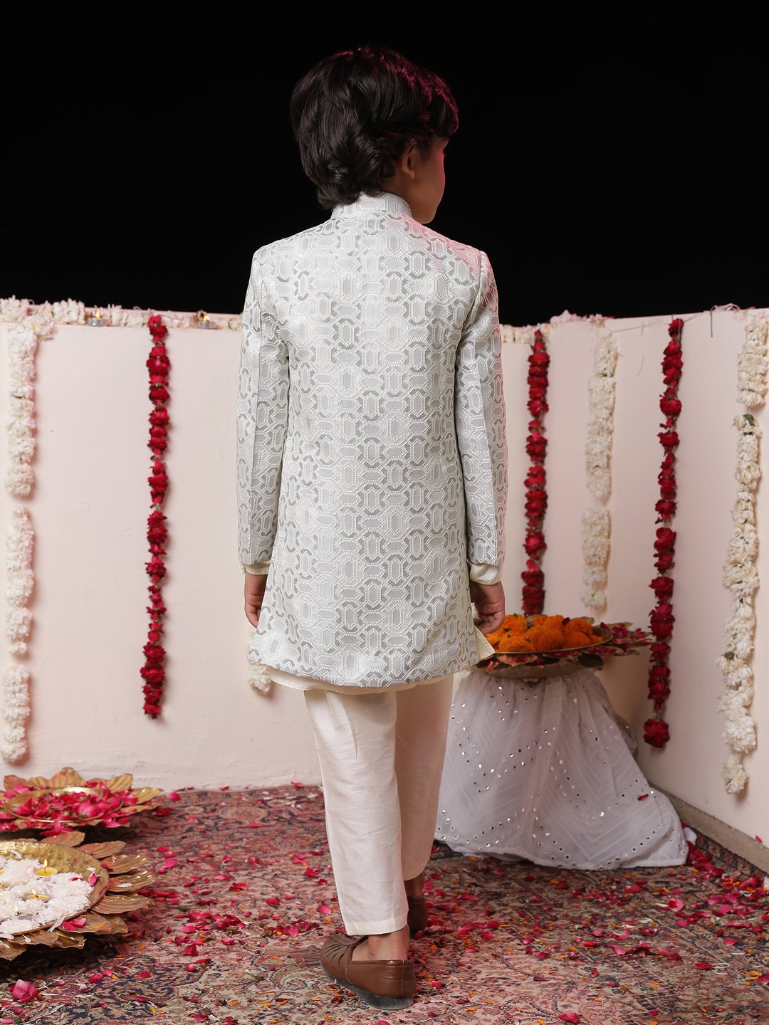 Boys' Grey And Cream Sherwani Set