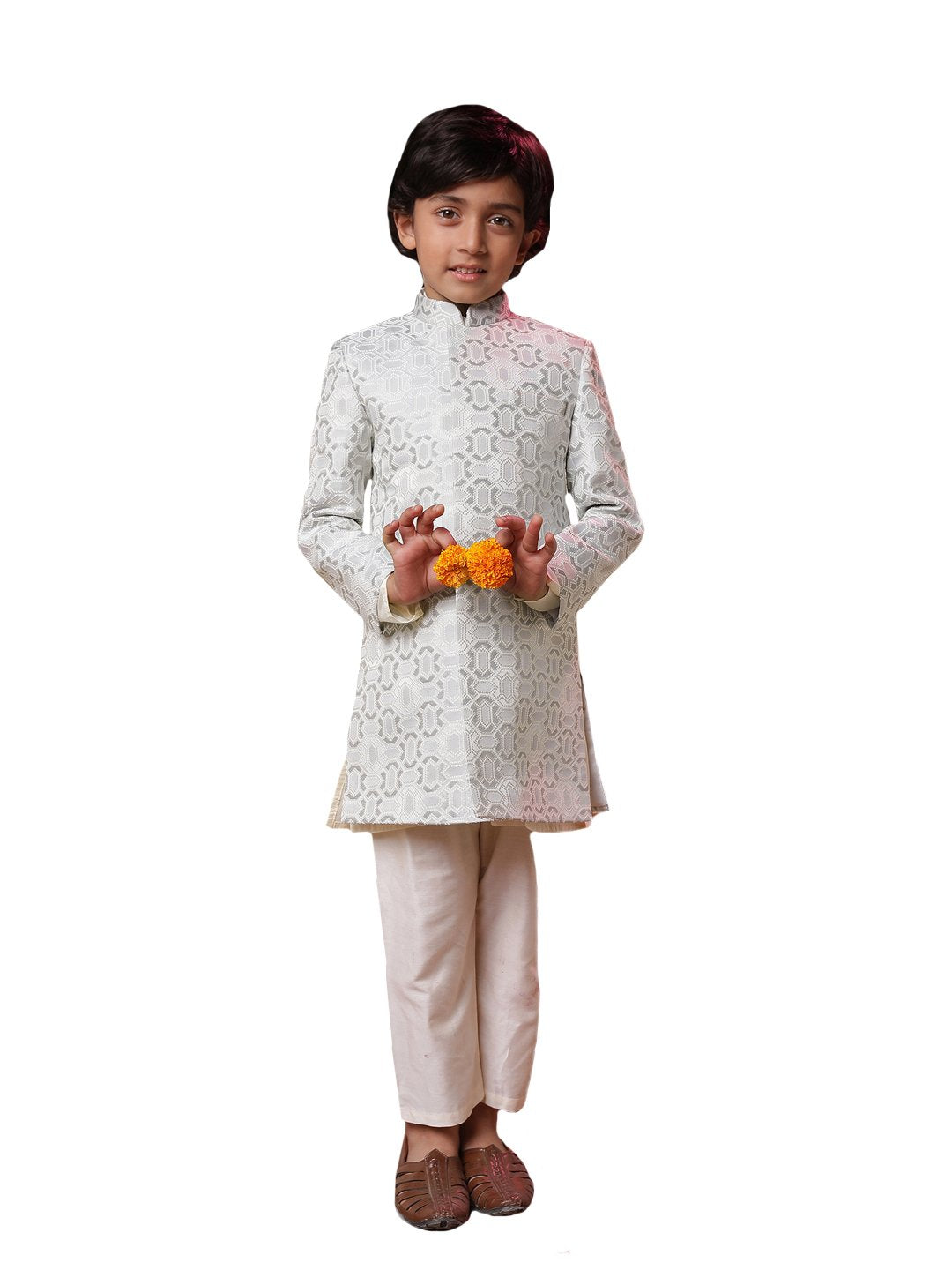 Boys' Grey And Cream Sherwani Set