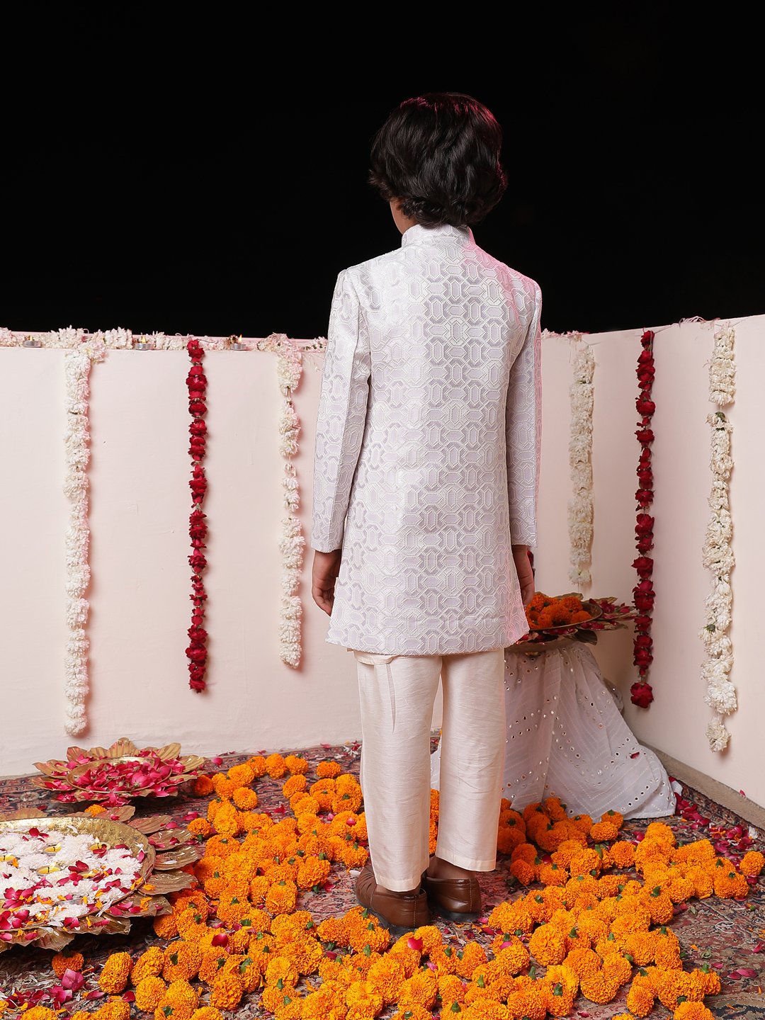 Boys' Purple And Cream Sherwani Set