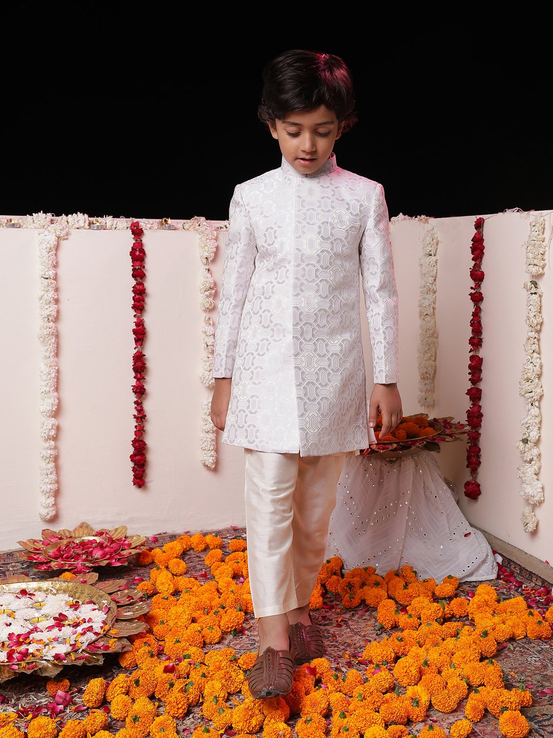 Boys' Purple And Cream Sherwani Set