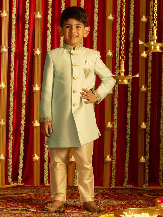 Boys' Aqua And Cream Sherwani Set