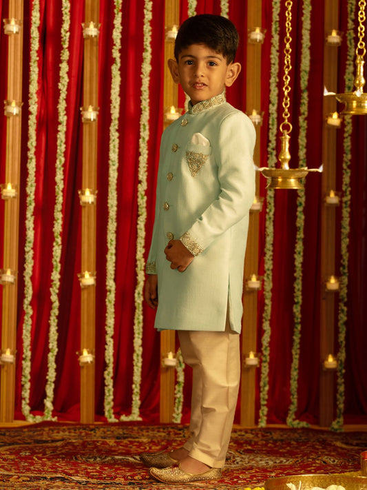 Boys' Aqua And Cream Sherwani Set