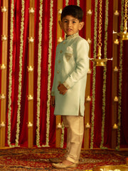 Boys' Aqua And Cream Sherwani Set