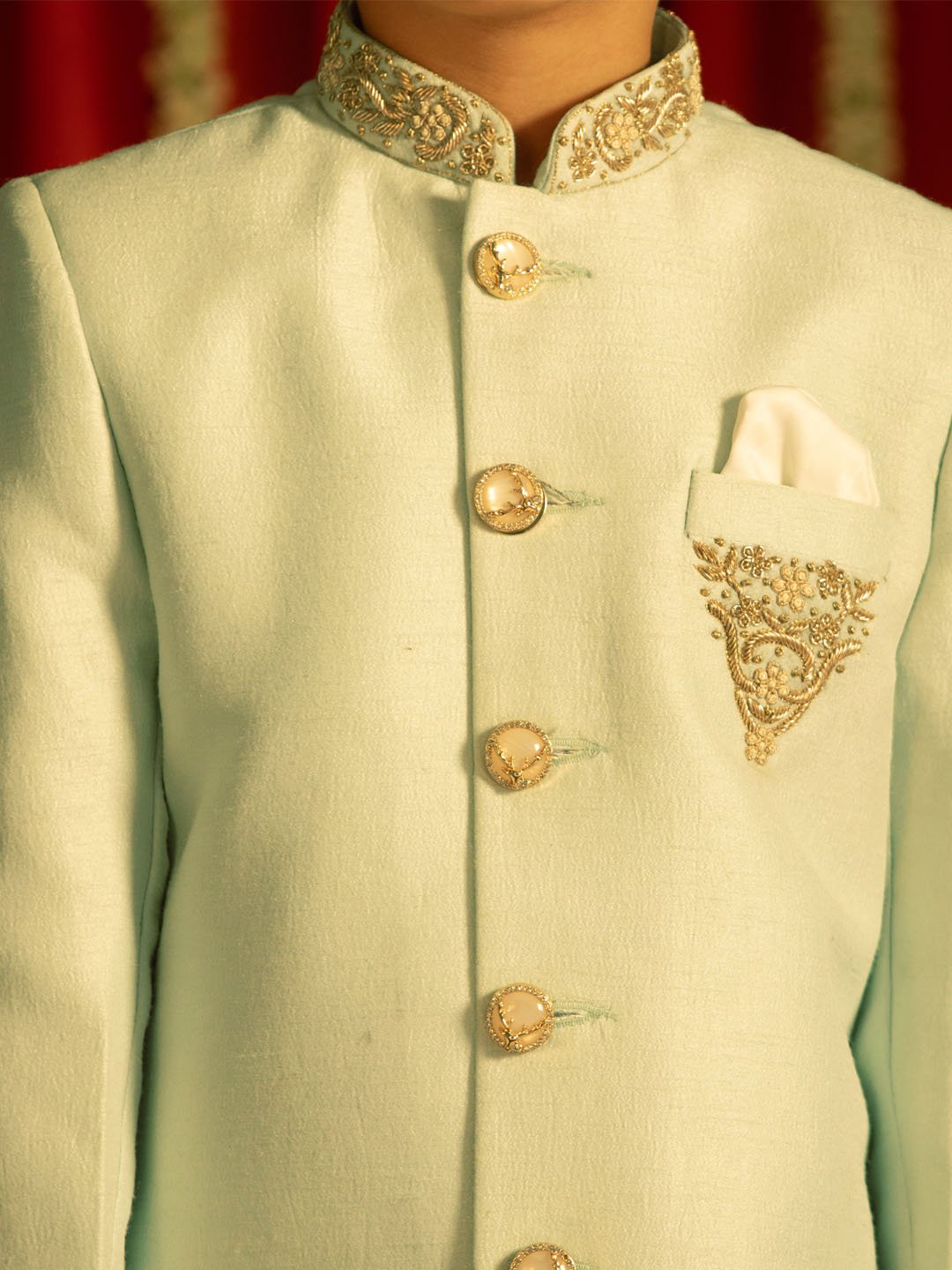 Boys' Aqua And Cream Sherwani Set