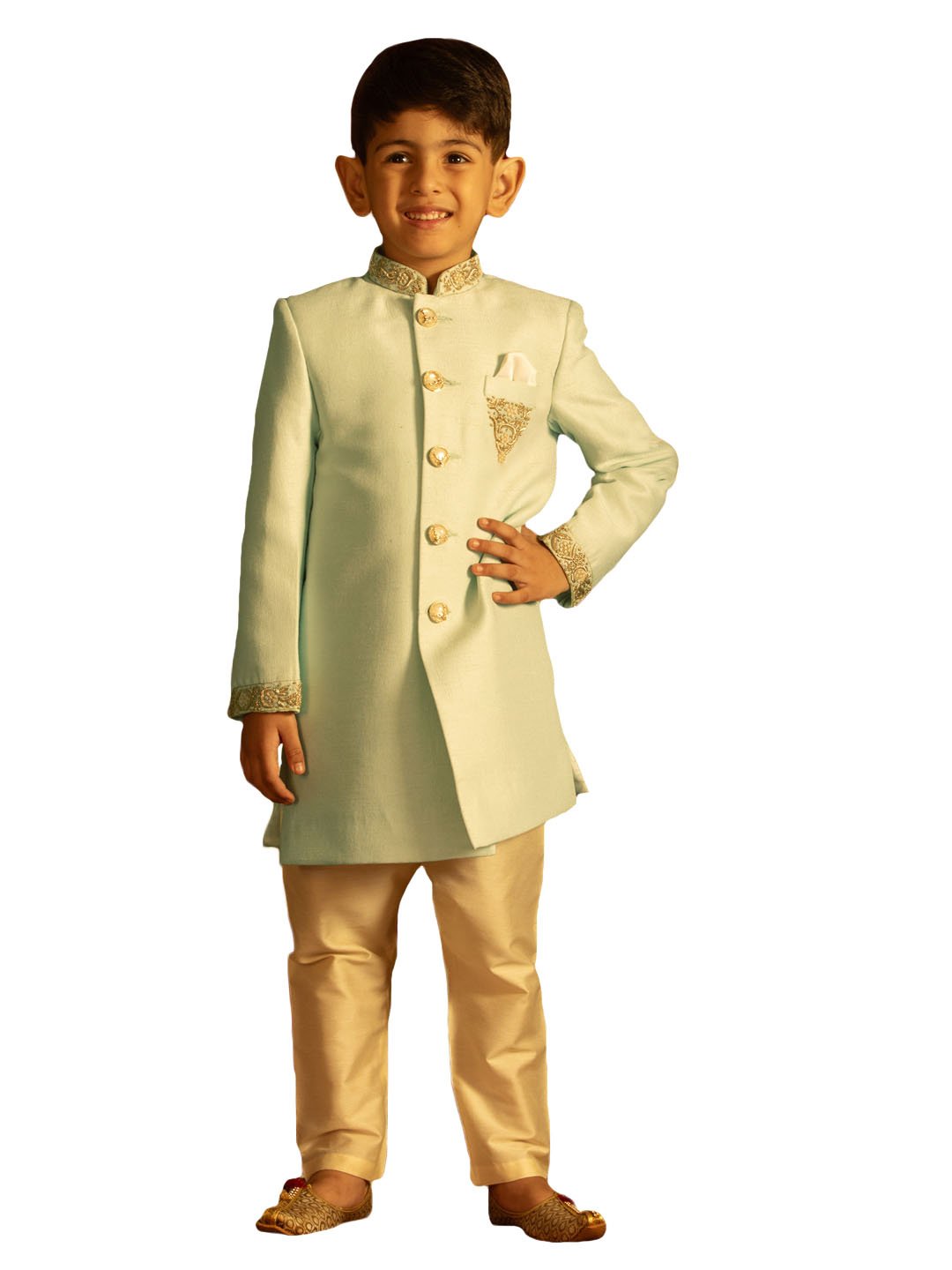 Boys' Aqua And Cream Sherwani Set