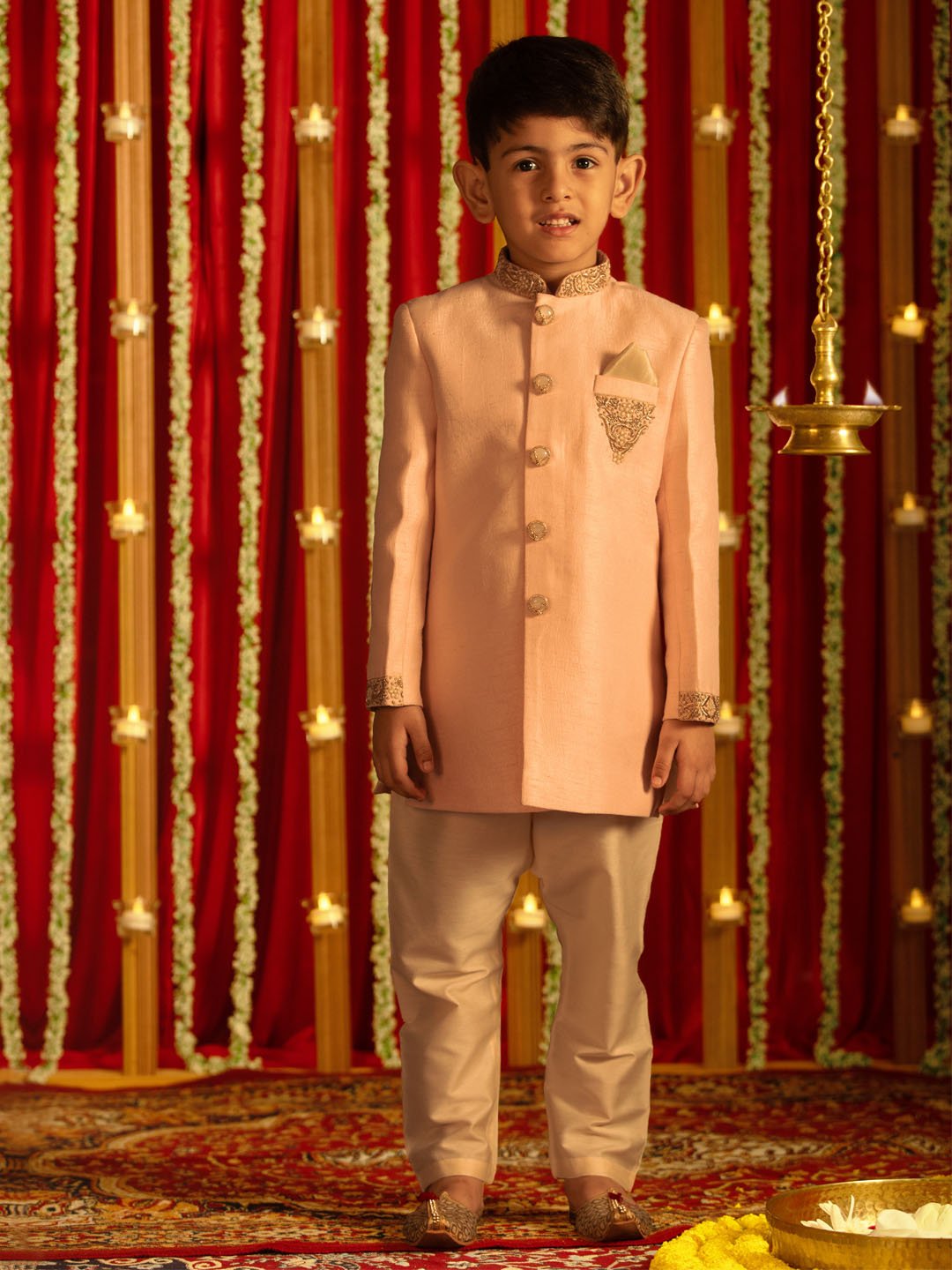 Boys' Pink And Cream Sherwani Set