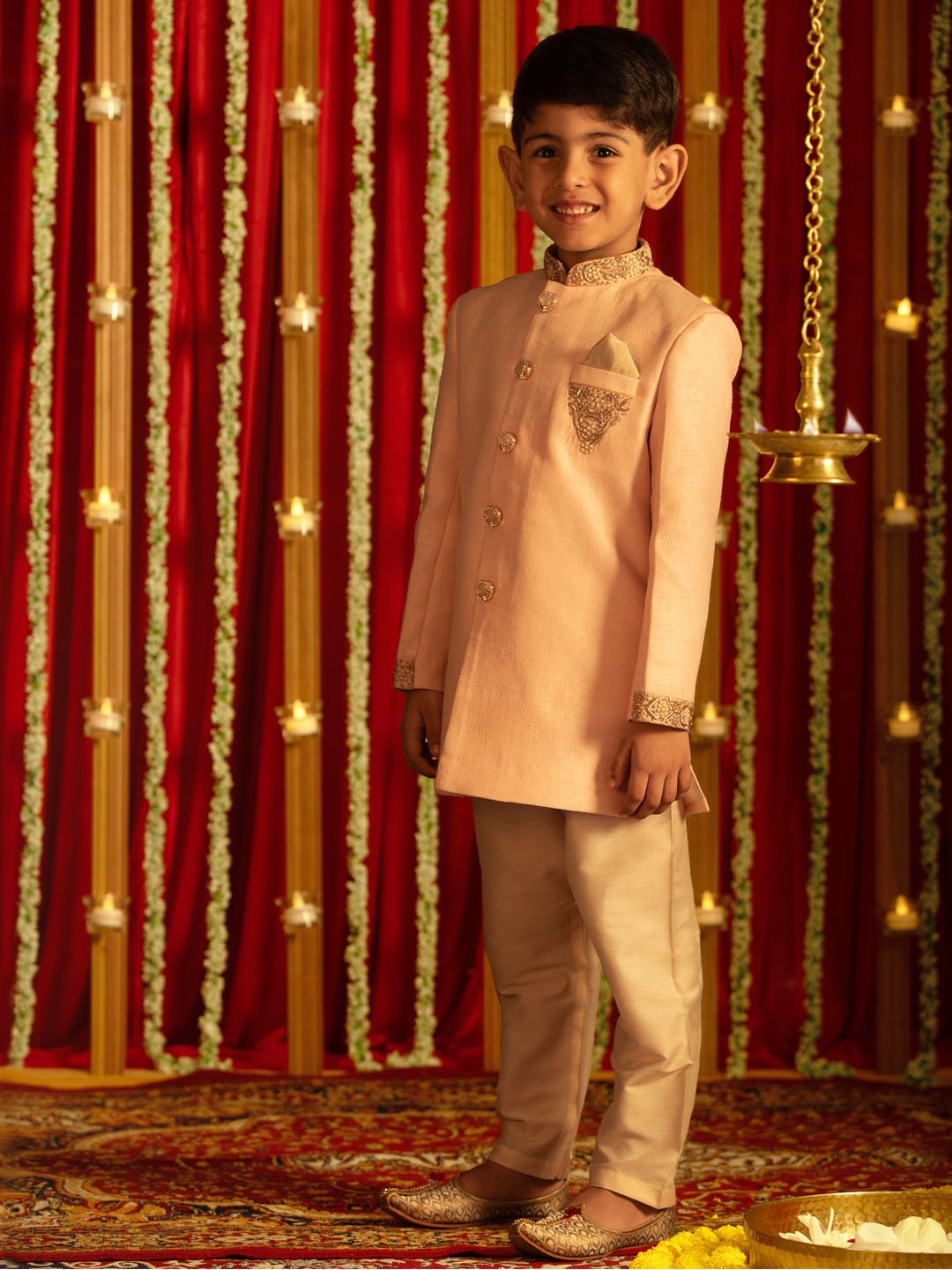 Boys' Pink And Cream Sherwani Set