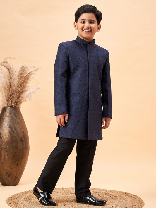 Boys' Navy Blue And Black Sherwani Set