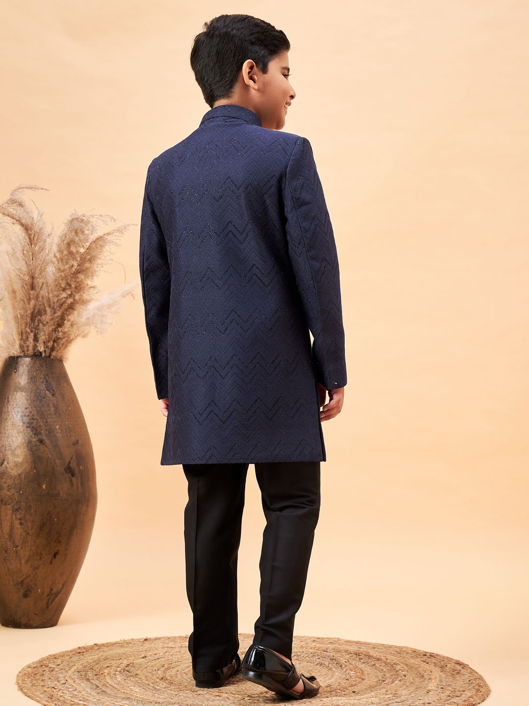 Boys' Navy Blue And Black Sherwani Set