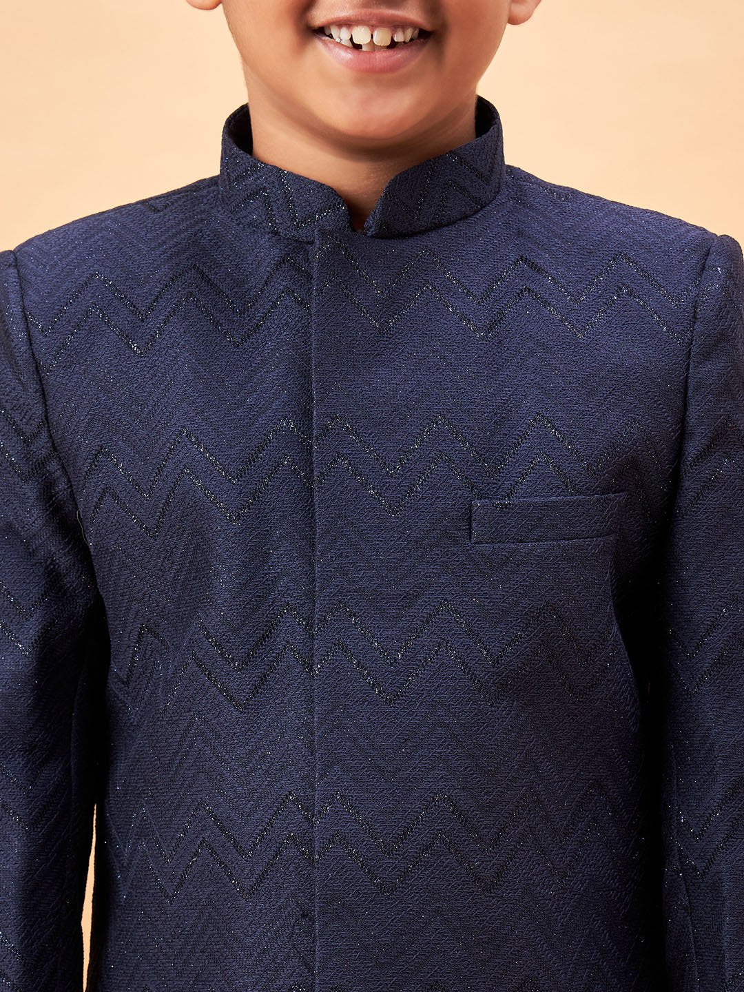 Boys' Navy Blue And Black Sherwani Set