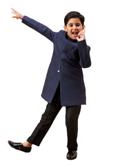 Boys' Navy Blue And Black Sherwani Set