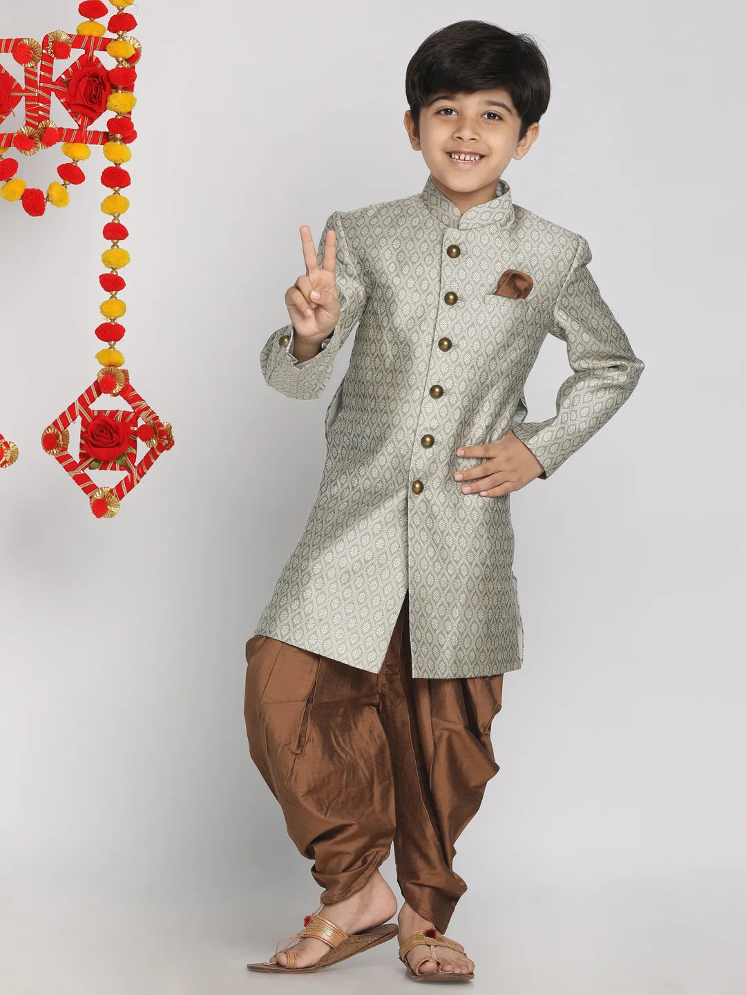 Boys' Beige,Grey And Coffee Indowestern Sherwani and Cowl dhoti pant Set