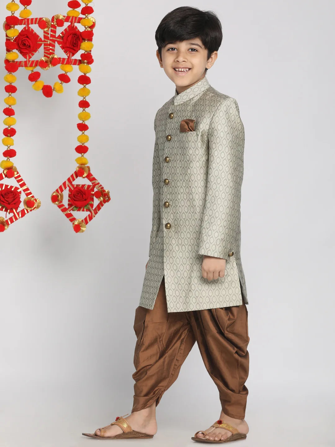 Boys' Beige,Grey And Coffee Indowestern Sherwani and Cowl dhoti pant Set