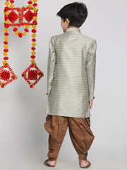 Boys' Beige,Grey And Coffee Indowestern Sherwani and Cowl dhoti pant Set