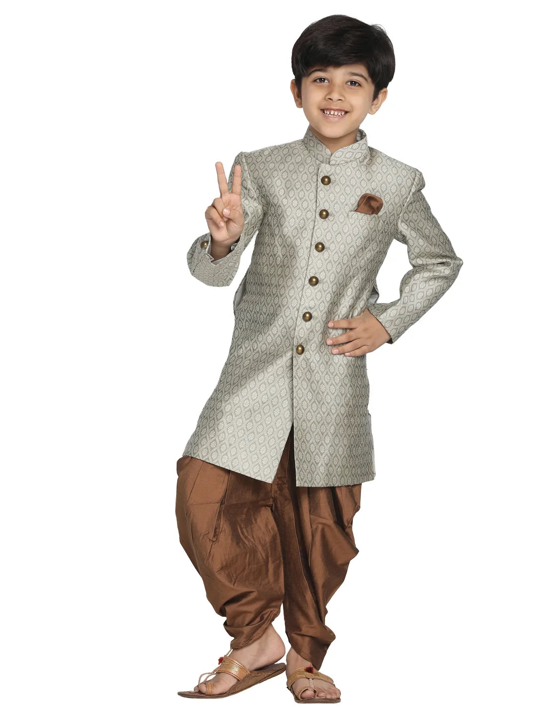 Boys' Beige,Grey And Coffee Indowestern Sherwani and Cowl dhoti pant Set