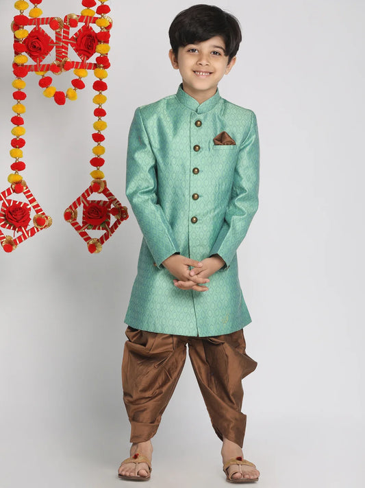 Boys' Green And Coffee Indowestern Sherwani and Cowl dhoti pant Set