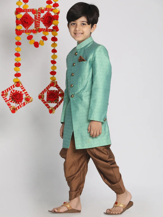 Boys' Green And Coffee Indowestern Sherwani and Cowl dhoti pant Set