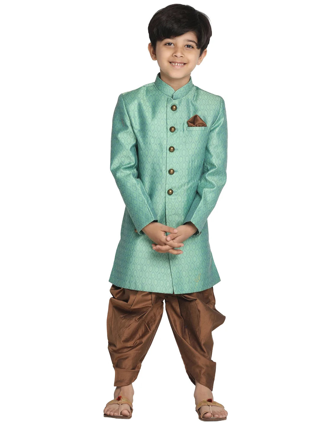 Boys' Green And Coffee Indowestern Sherwani and Cowl dhoti pant Set