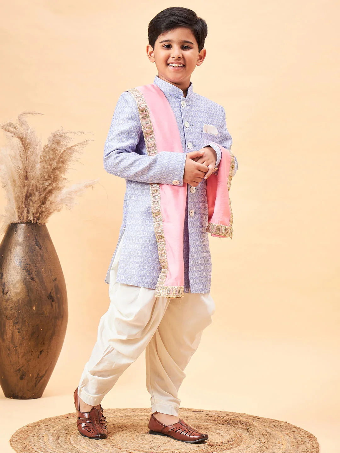 Boys' Lavender And Pink Sherwani Set