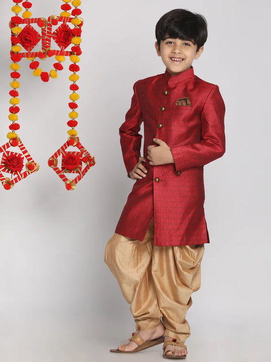 Boys' Maroon And Rose Gold Indowestern Sherwani and Cowl dhoti pant Set