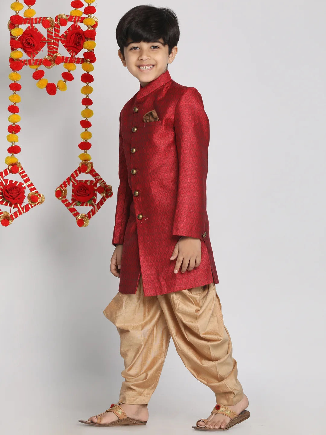 Boys' Maroon And Rose Gold Indowestern Sherwani and Cowl dhoti pant Set