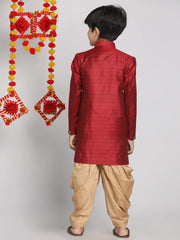 Boys' Maroon And Rose Gold Indowestern Sherwani and Cowl dhoti pant Set