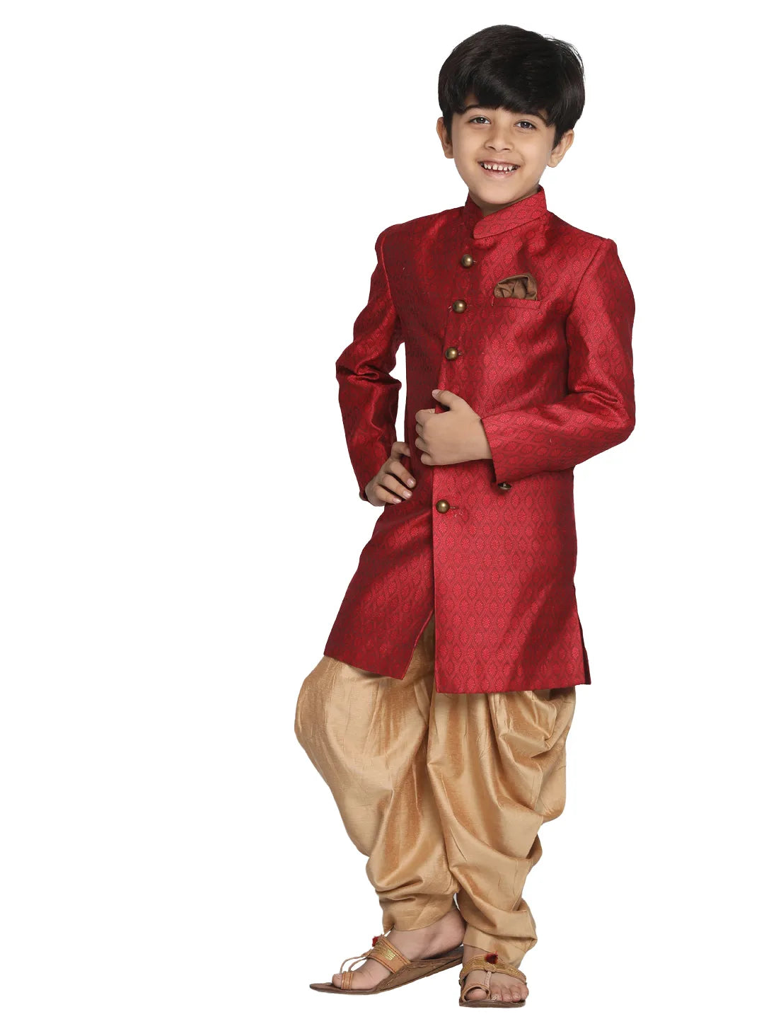 Boys' Maroon And Rose Gold Indowestern Sherwani and Cowl dhoti pant Set