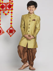 Boys' Mustard Yellow And Coffee Indowestern Sherwani and Cowl dhoti pant Set