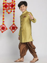 Boys' Mustard Yellow And Coffee Indowestern Sherwani and Cowl dhoti pant Set