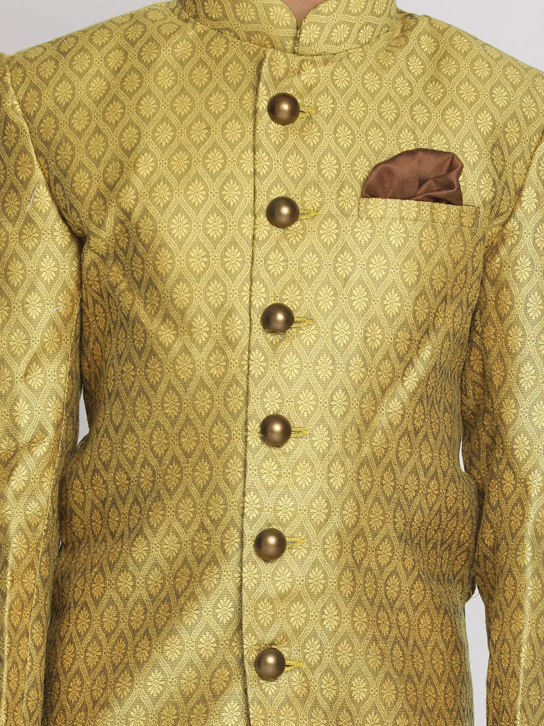 Boys' Mustard Yellow And Coffee Indowestern Sherwani and Cowl dhoti pant Set