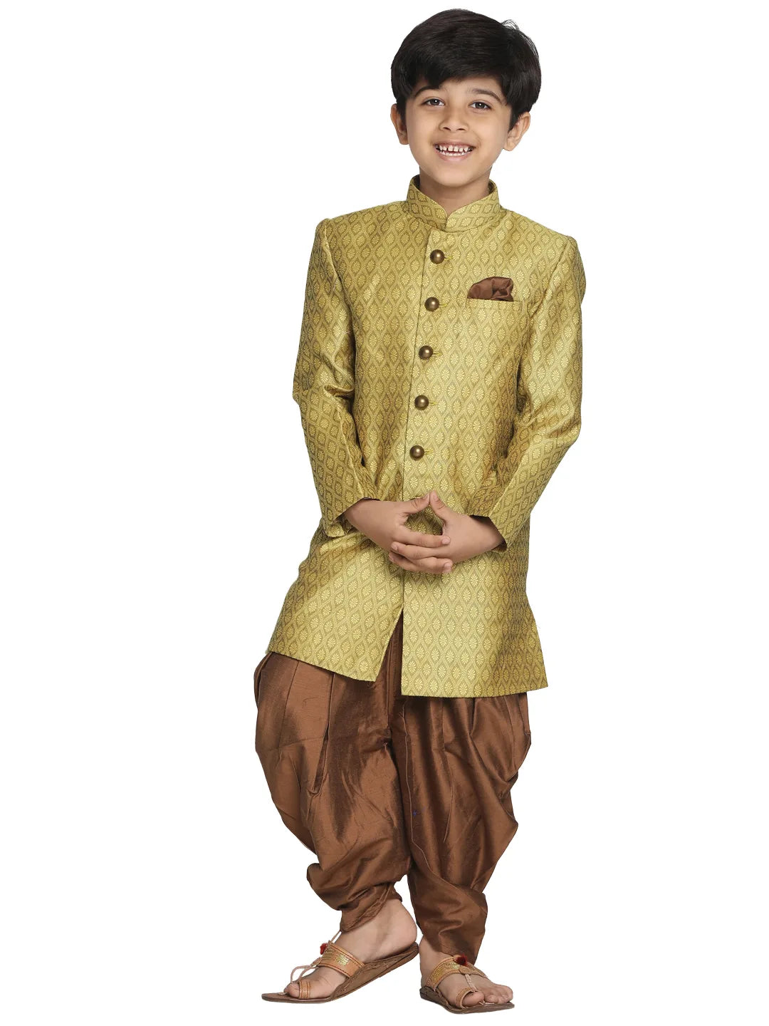 Boys' Mustard Yellow And Coffee Indowestern Sherwani and Cowl dhoti pant Set