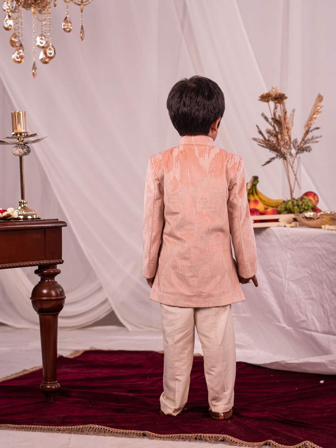 Boys' Peach And Cream Sherwani Set