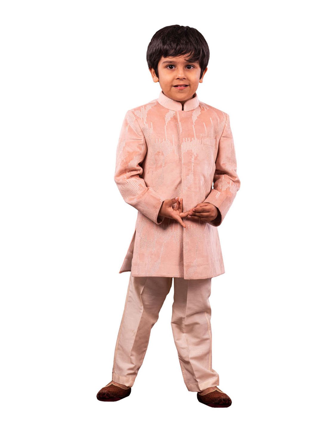 Boys' Peach And Cream Sherwani Set