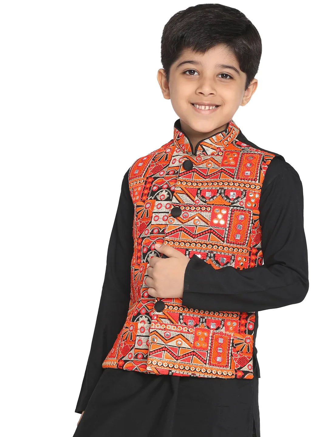 Boys' Orange And Black Nehru Jacket