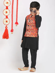 Boys' Orange And Black Jacket, Kurta and Pyjama Set