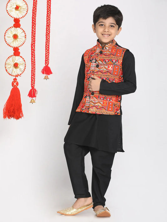 Boys' Orange And Black Jacket, Kurta and Pyjama Set