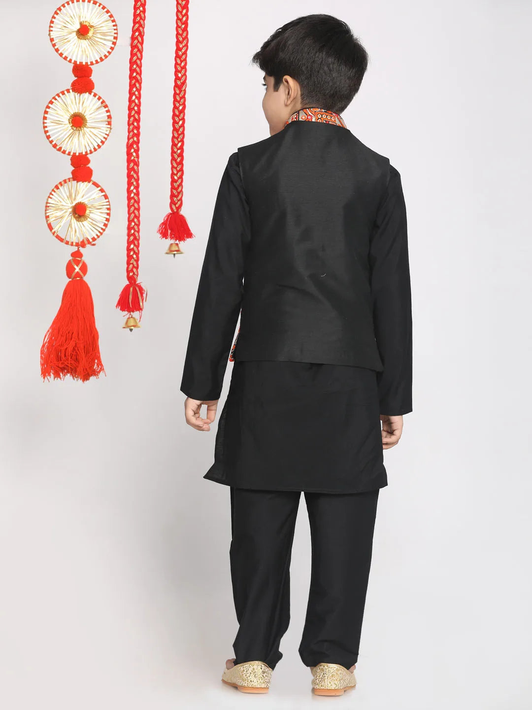 Boys' Orange And Black Jacket, Kurta and Pyjama Set