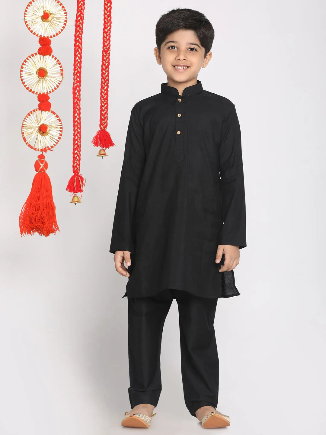 Boys' Orange And Black Jacket, Kurta and Pyjama Set