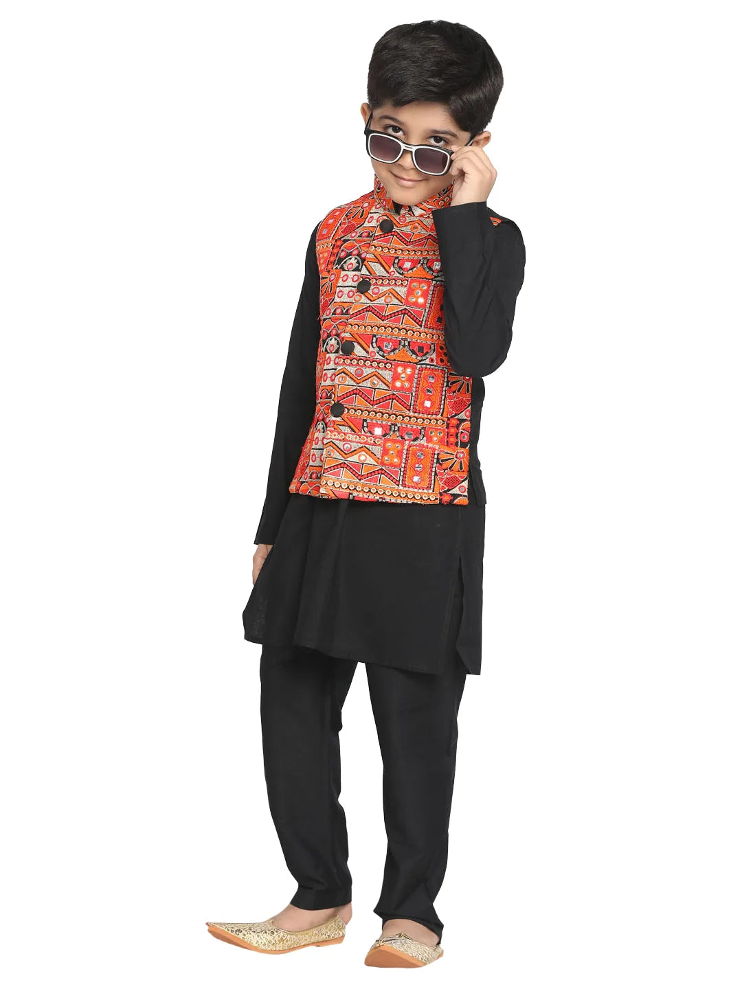 Boys' Orange And Black Jacket, Kurta and Pyjama Set