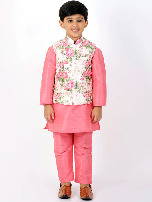 Boys' Floral Printed Jacket, Kurta and Pyjama Set