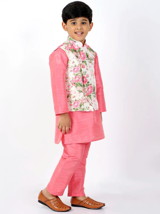 Boys' Floral Printed Jacket, Kurta and Pyjama Set