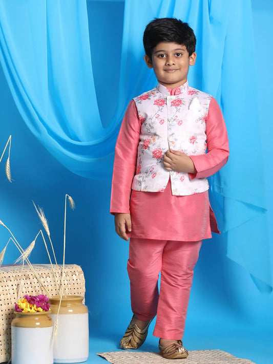 Boys' Peach Jacket, Kurta and Pyjama Set