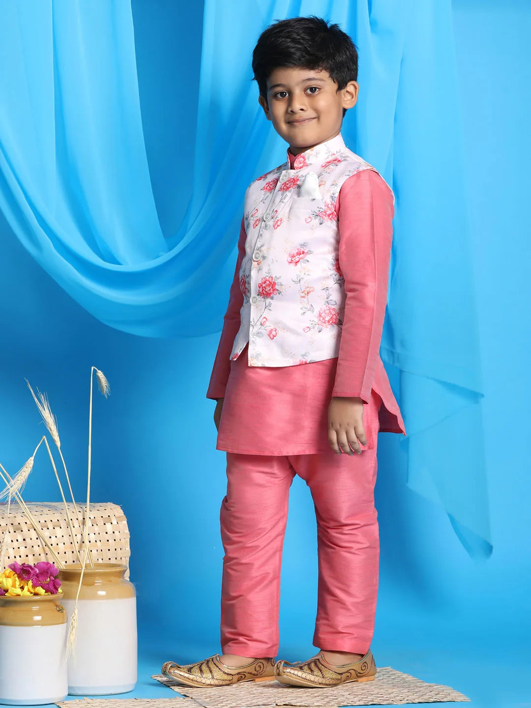 Boys' Peach Jacket, Kurta and Pyjama Set