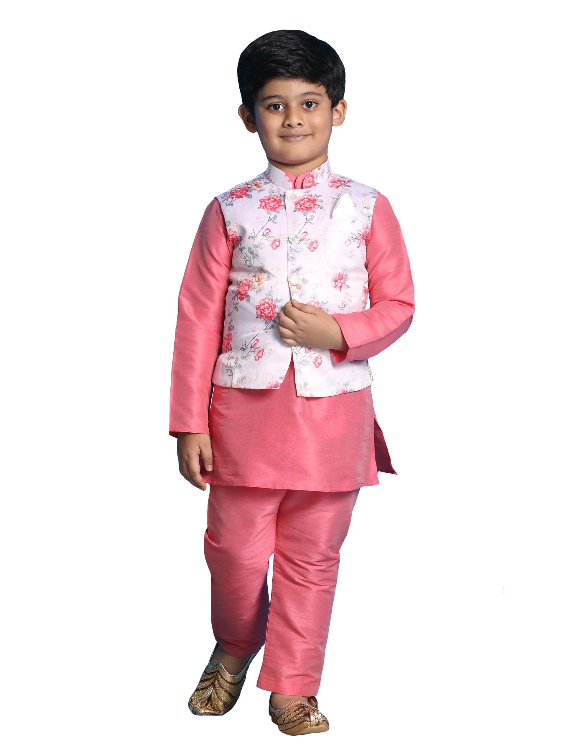 Boys' Peach Jacket, Kurta and Pyjama Set